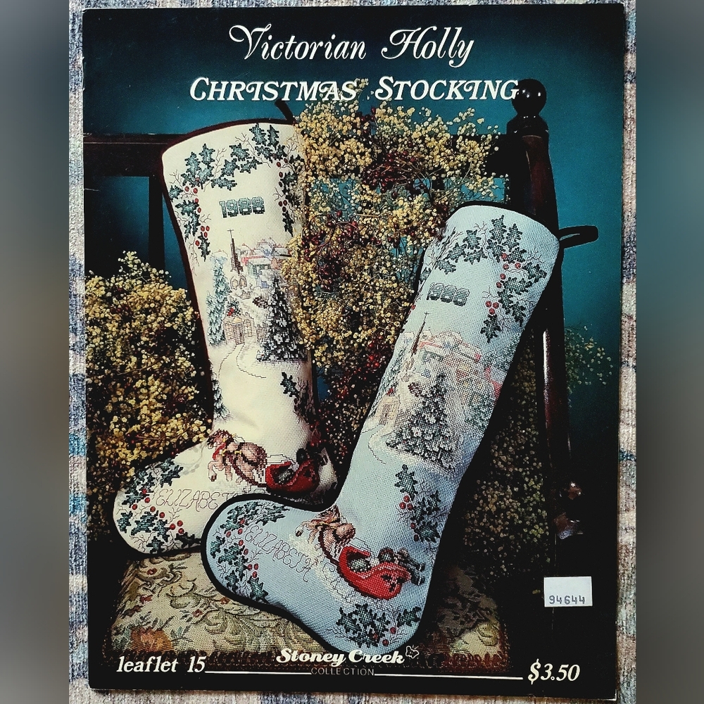 Vtg VICTORIAN HOLLY CHRISTMAS STOCKING Cross Stitch Stoney Creek Leaflet 15 1988